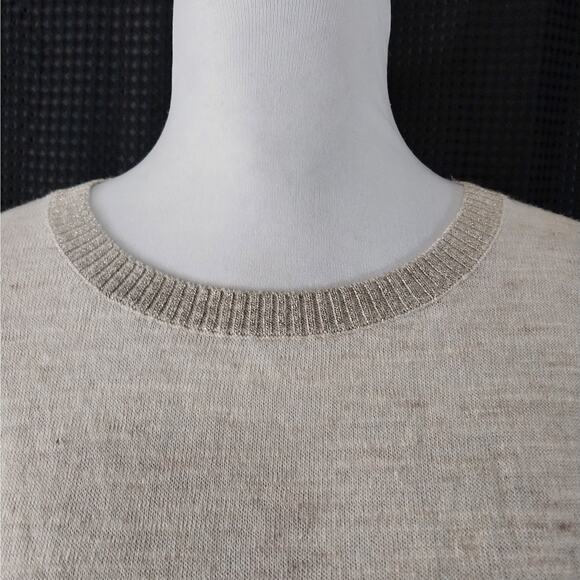 LOFT! LINEN+!CREAMY OATMEAL & GOLD TRIM LIGHTWEIGHT 3/4 SLEEVE SWEATER TOP! SZ S - Picture 5 of 9